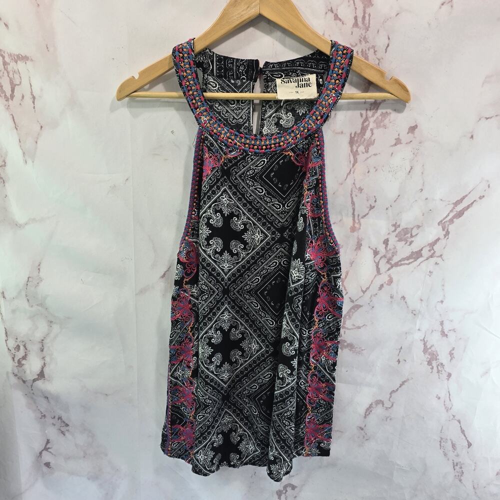 Savanna Jane Shirt Womens 1X Black Pink Embroidered Boho Rainbow Paisley